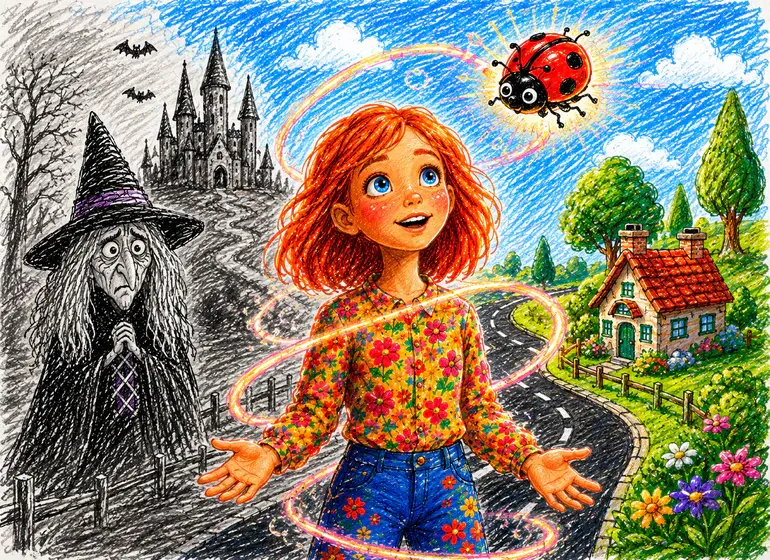 Girl being colored by magic lady bug
